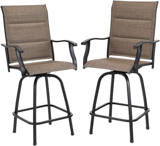 PHI VILLA Outdoor Swivel Bar Stools Set of 2, High Top Patio Chairs with Padded Textilene Seating, All-Weather Bar Height Furniture for Kitchen or Outside, Padded Brown Textilene