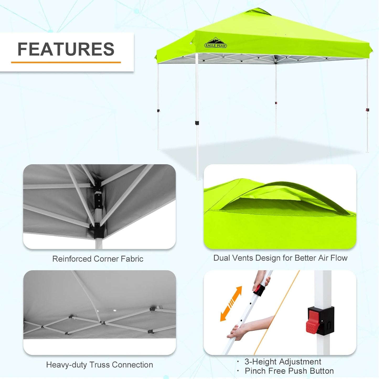 EAGLE PEAK Pop Up Canopy Tent with Wheeled Carry Bag, 8 Stakes, 4 Ropes, 4 Weight Bags, Easy Set Up Tent Canopy, 12x12 ft, 144sqft of Shade, Neon Green