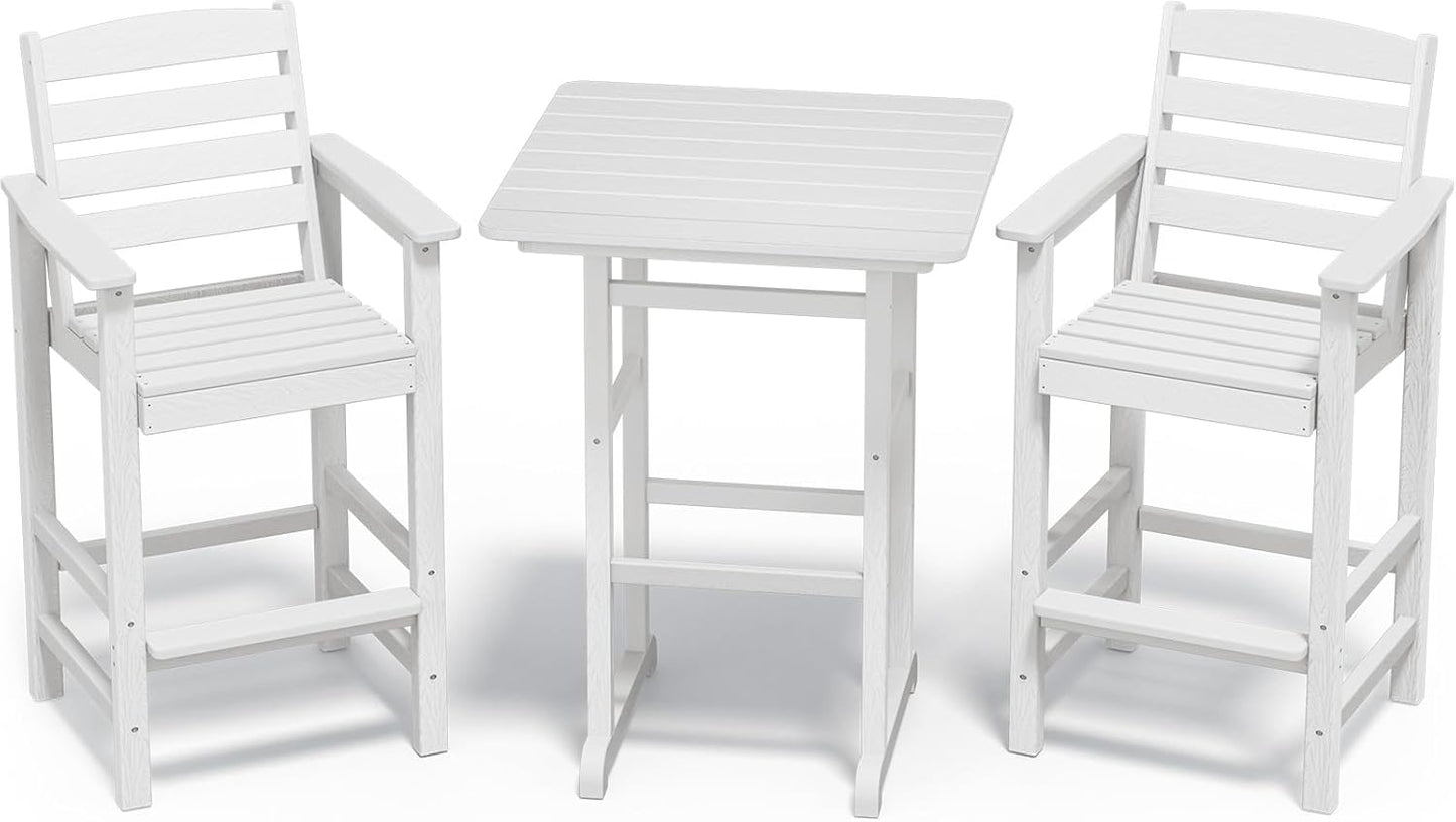 SERWALL Tall Adirondack Bar Chairs and Table 3 Pieces Set, Adirondack Bar Height Chairs Set of 2 and Bar Table, Outdoor Bar Stools Set for Bistro, Poolside, Backyard, White