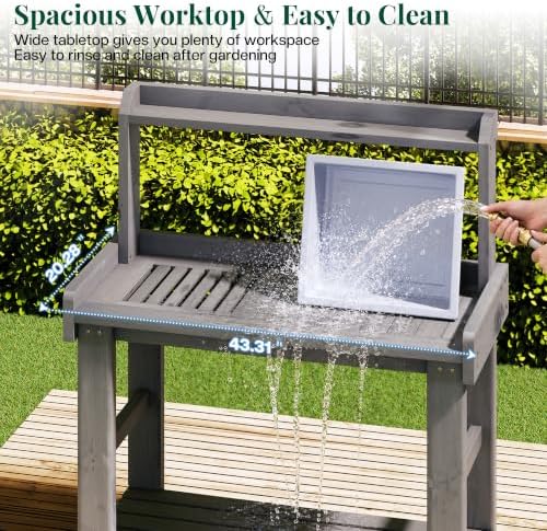 Jocisland Outdoor Solid Wood Potting Bench with Tabletop, Sink&Shelf, Gray