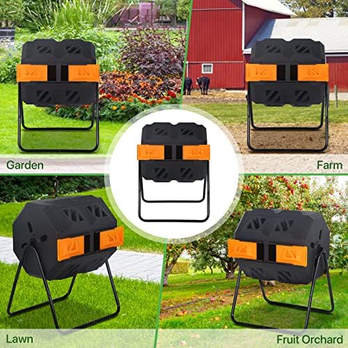 43 Gallon Outdoor Compost Bin Large Tumbling Composter Garden Dual Composting Bins with Dual Chamber Sliding Doors & Aeration System for Garden Patio, All Season Composter, Orange Door