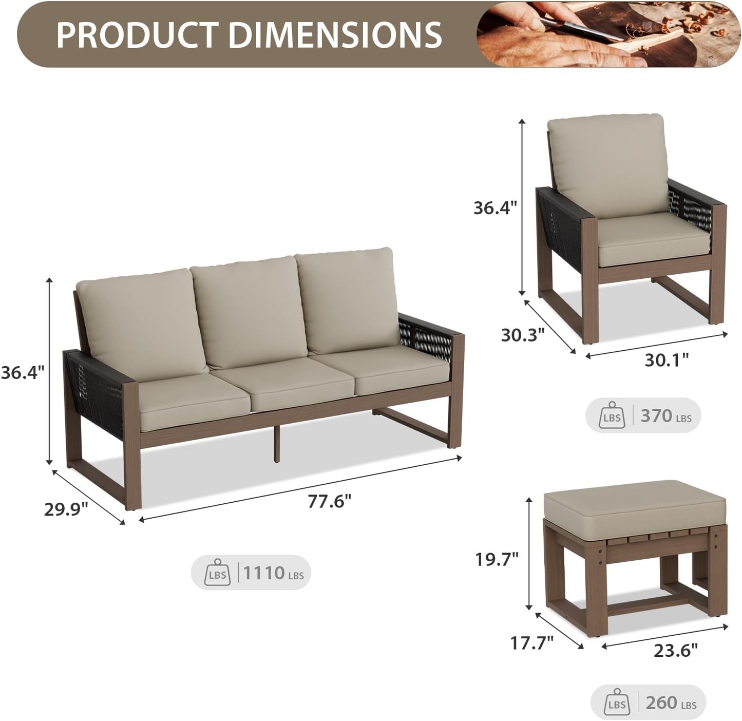 EAGLE PEAK Natural Wood Outdoor Patio Furniture, Cedar Furniture, Conversation Set, Outdoor Seating for Deck Patio Porch, Sofa, 2 Chairs & 2 Ottomans, 5 Pieces, Brown/Beige