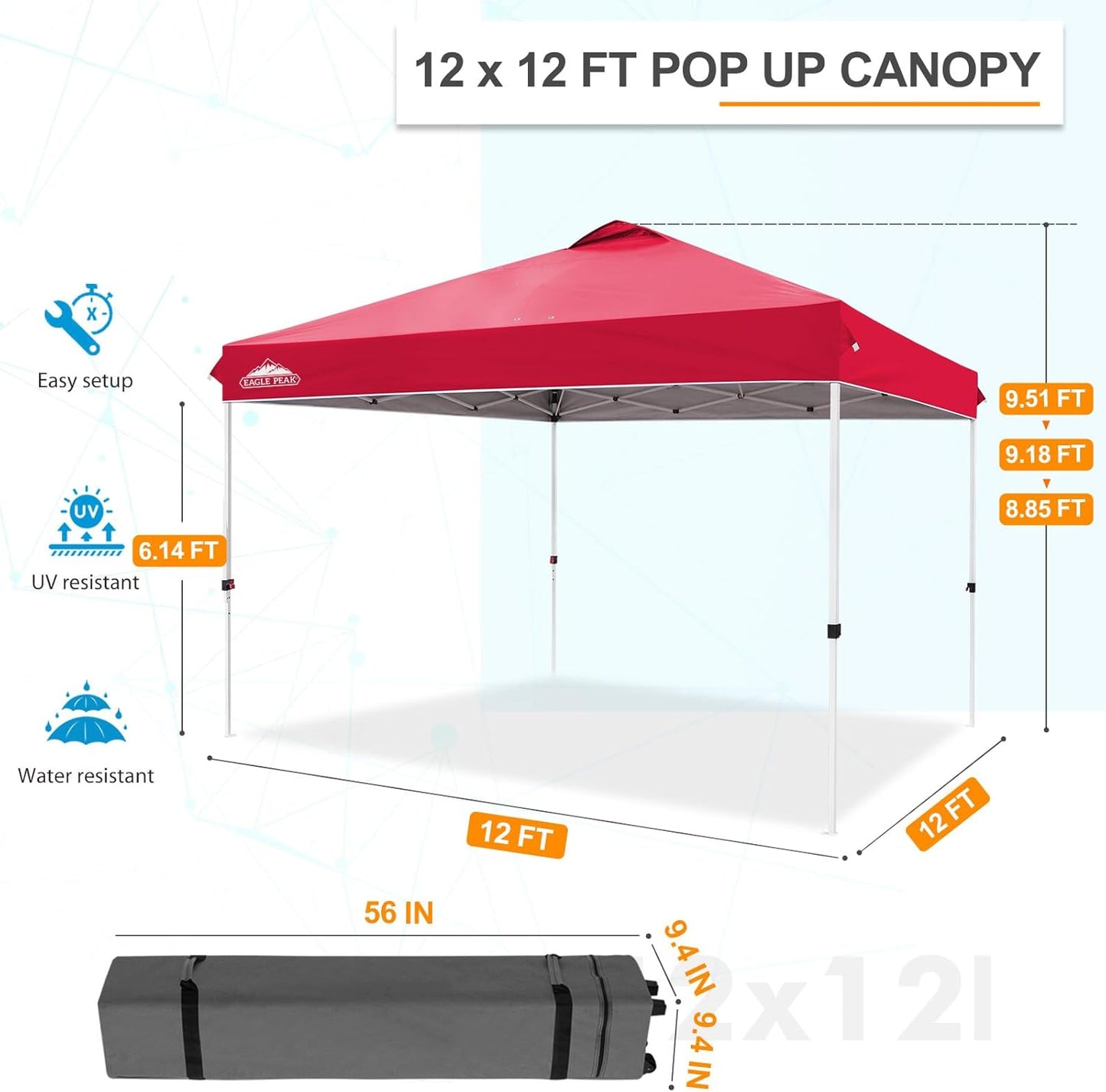 EAGLE PEAK Pop Up Canopy Tent with Wheeled Carry Bag, 8 Stakes, 4 Ropes, 4 Weight Bags, Easy Set Up Tent Canopy, 12x12 ft, 144sqft of Shade, Red