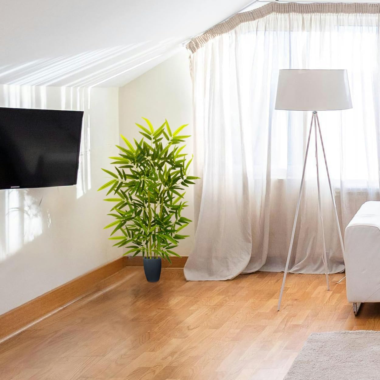 Artificial Bamboo Tree, 4ft Tall Faux Bamboo Plant with White Planter, Fake Trees with 4 Trunks and Lifelike Leaves for Indoor Outdoor Home Office Décor