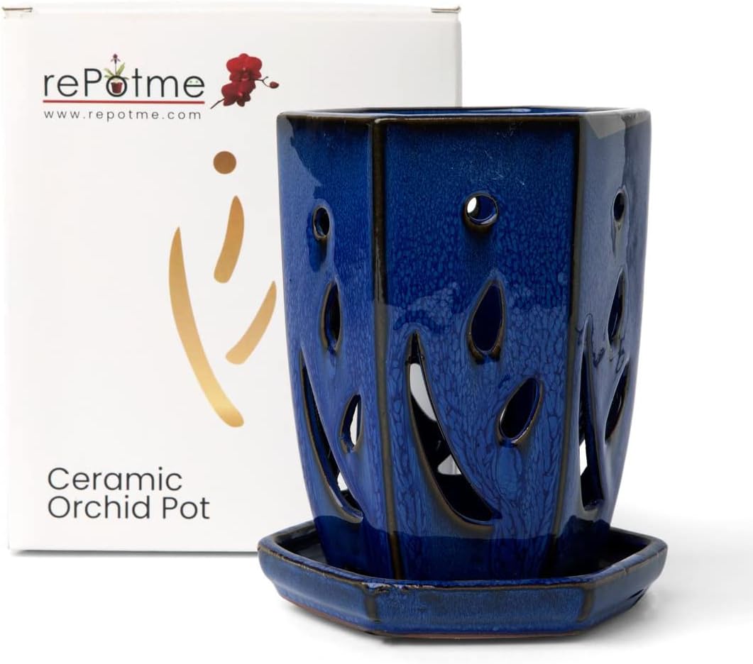 rePotme 4 x 6 inch Hexagon Ceramic Orchid Pot with Holes (Midnight Blue) - Ideal Plant Pot for Repotting Orchids and Other Flowers - Indoor/Outdoor
