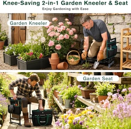 Garden Kneeler and Seat - Extra Wide Thick EVA Pad, Heavy Duty Foldable Garden Bench Holds 350lbs, 2-in-1 Gardening Stool with Detachable Tool Bags, Gardening Gifts for Women, Men & Seniors