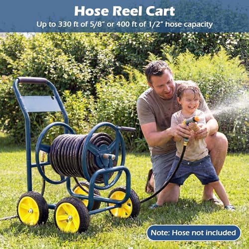 Garden Hose Reel Cart, Mobile Water Hose Cart with Heavy-duty Metal Frame & 4 Solid Wheels, Hold up to 330 ft of 5/8" Hoses, Outdoor Planting Tool for Lawn & Backyard (Navy Blue)