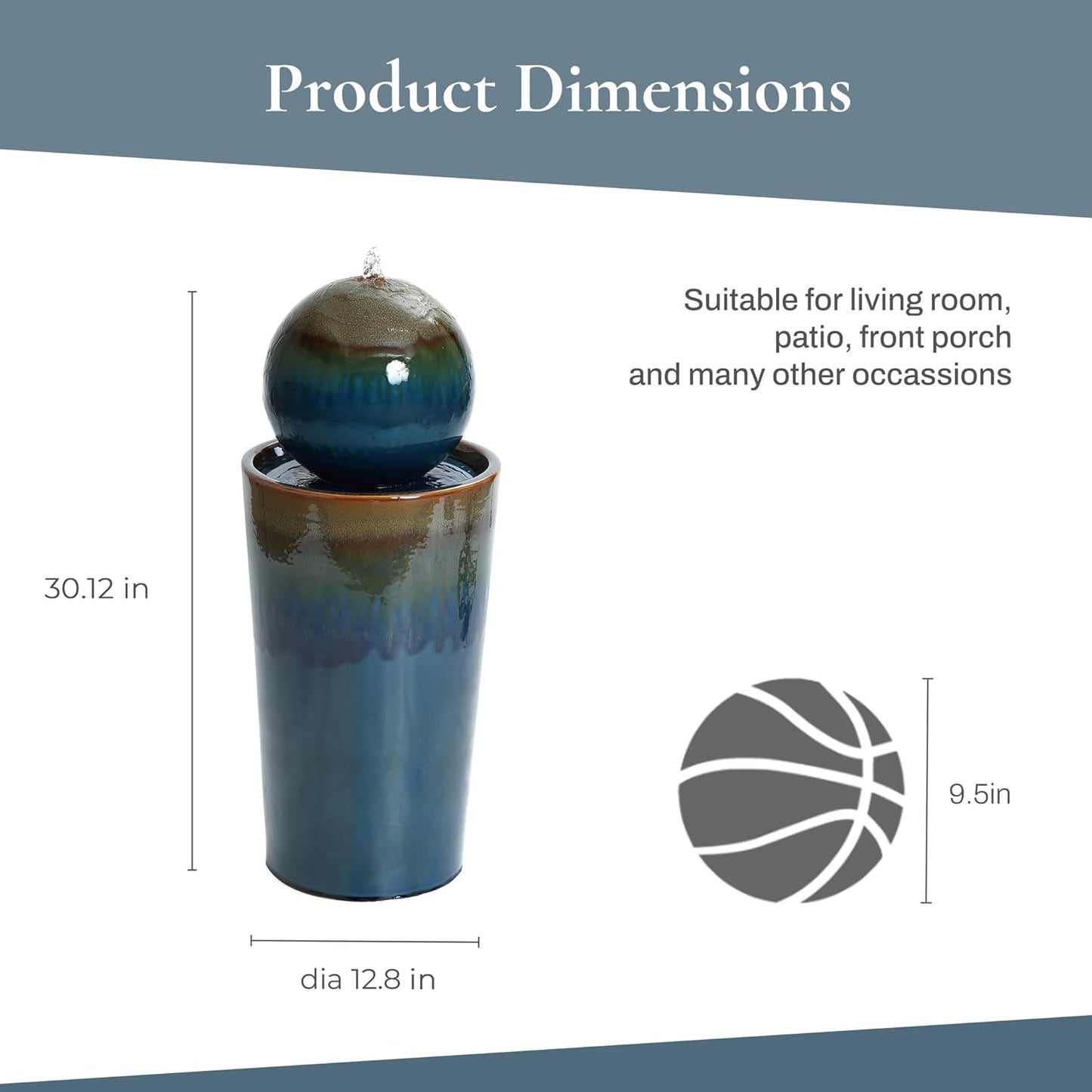 LuxenHome 30" Water Fountain Outdoor and Indoor, Glazed Blue Bubbling Sphere Ceramic Garden Outdoor Water Fountain, Elegant Modern Waterfall Garden Decor for Patio, Lawn, and Backyard