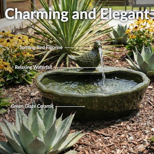 Sunnydaze 7" Ceramic Solar Powered Garden Water Fountain, Dove Spout, Green