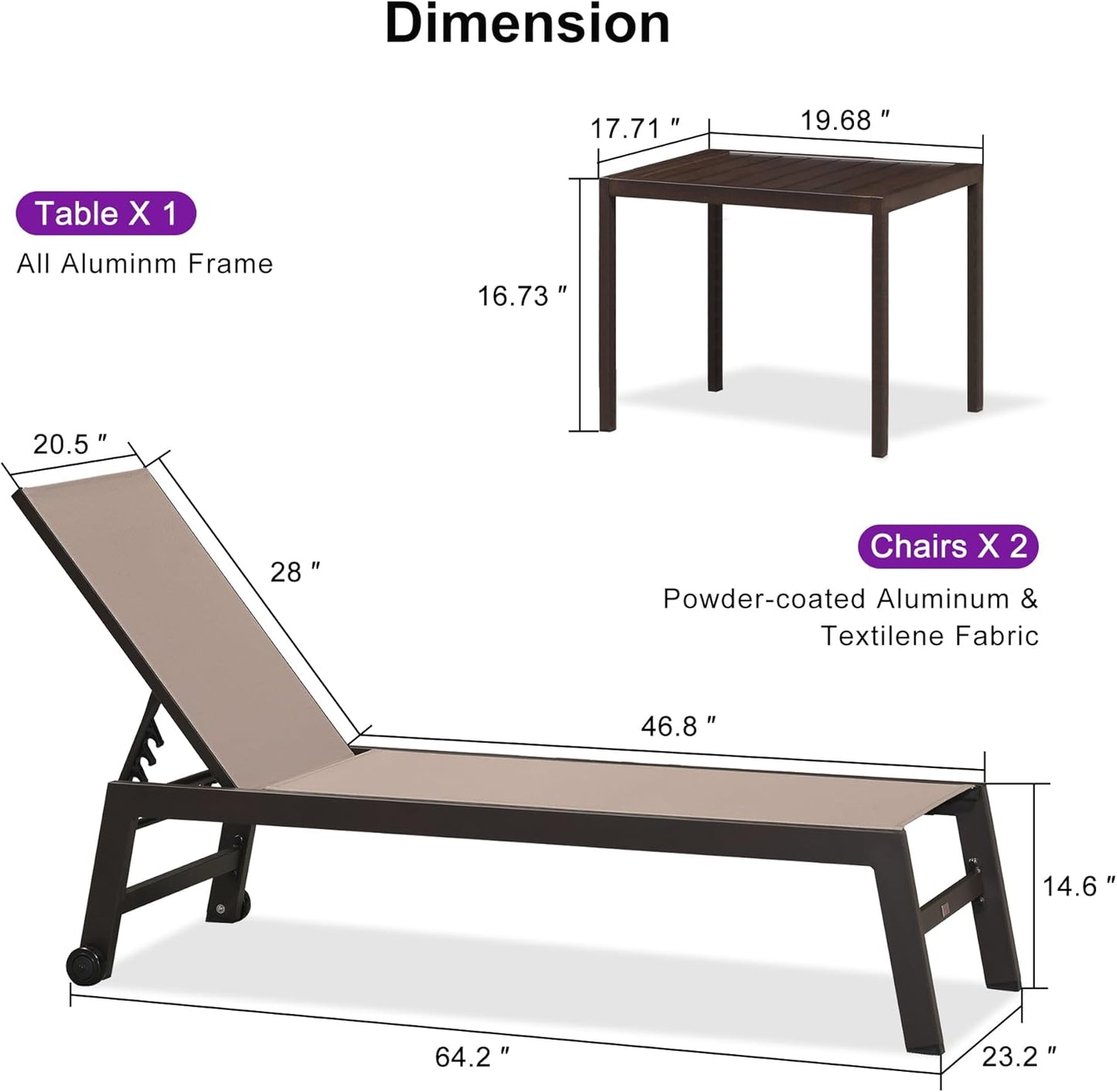PURPLE LEAF Outdoor Chaise Lounge Chair Set of 3, Patio Lounge Chair for Outdoor, Aluminum Patio Chaise Lounger with Adjustable Backrest and Wheels for Outside, Lawn, Garden, Taupe