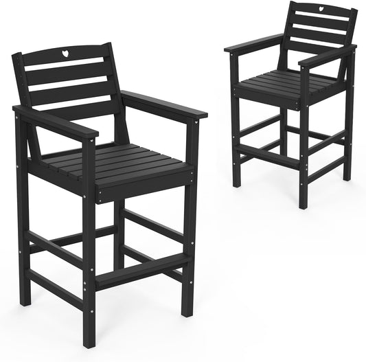 Tall Adirondack Chairs Set of 2, HDPE Wood Balcony Adirondack Chairs Set with Heart Cutout Design, Weather-Resistant Bar Height Furniture for Deck, Porch, Pool (Black)