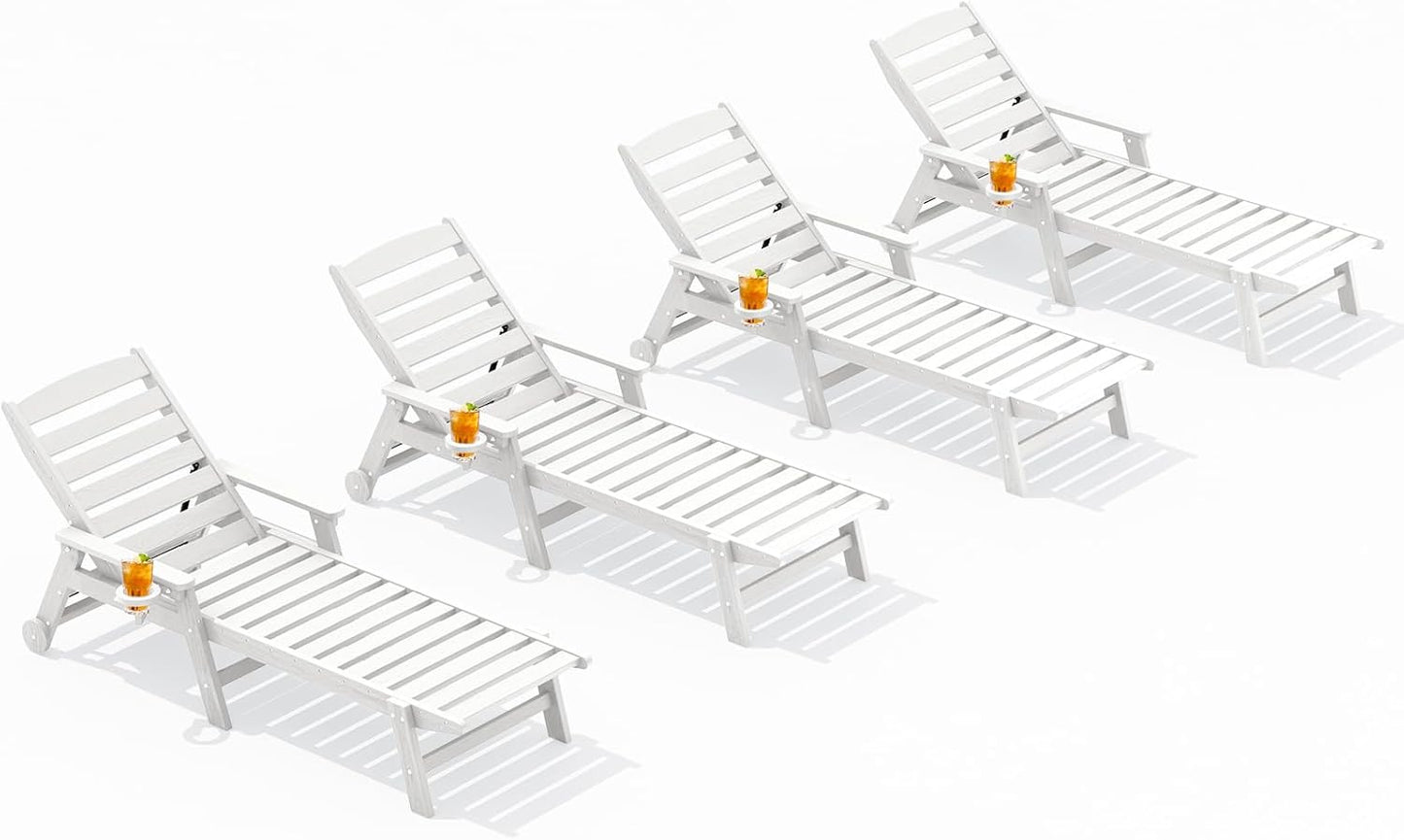 SERWALL Patio Chaise Lounge Chair Set of 4, 5 Positions Adjustable Poly Outdoor Lounge Chair for Pool, HDPE Lounge Chair with Rolling Wheels & Cup Holder for Poolside, Deck, White