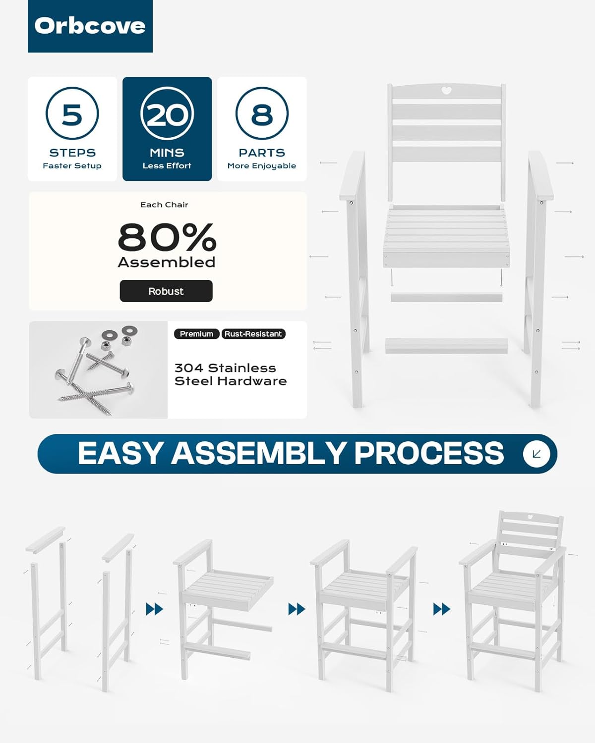 3-Piece HDPE Outdoor Bar, Outdoor Bar Stools and Outdoor Bar Table with Heart Cutout Design, All Weather Bistro Set Outdoor for Patio, Porch, Pool (White)