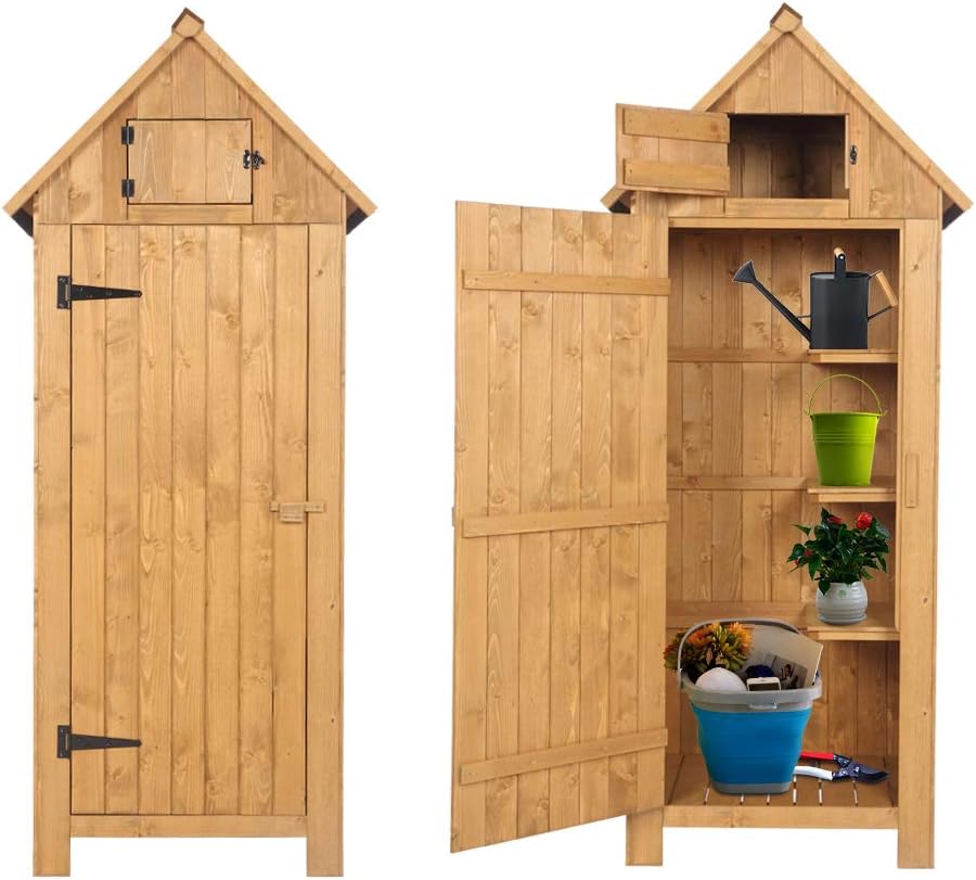 Outvita Outdoor Storage Cabinet, 70in Wooden Vertical Garden Tools Shed, Patio Storage Organizer with Latch & Waterproof Roof for Yard Deck Lawn Farmland Equipment(Natural)