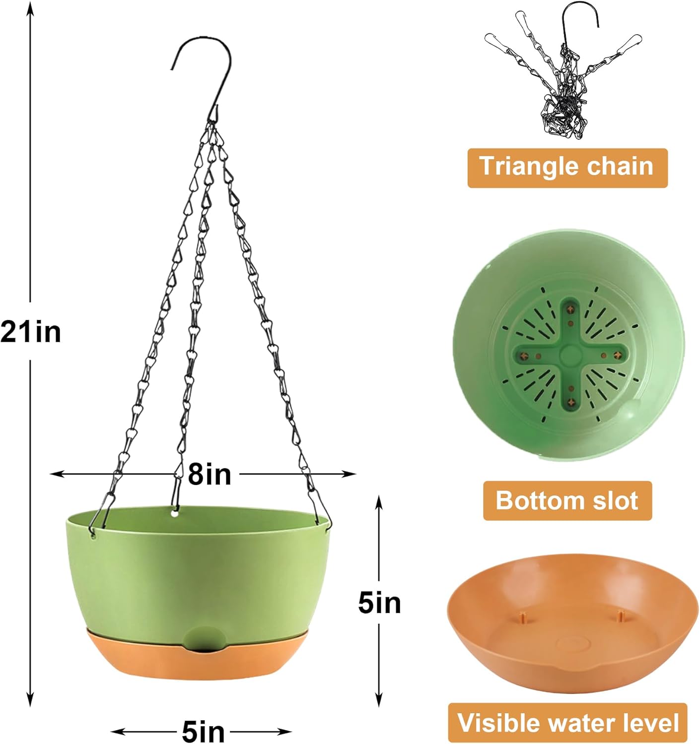 4 Pack Plastic Hanging planters for Indoor Plants,8 Inch Plant Pot Indoor Outdoor Hanging Baskets,Hanging Flower Pots with Drainage Holes and Chain for Garden Porch Plants (Green)