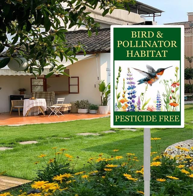 Bird and Pollinator Habitat Pesticide Free Yard Sign With Stakes 7x9.8inches Rustproof Reflective Aluminum Pollinator Friendly Garden Sign Stand Hummingbird Outdoor Decor