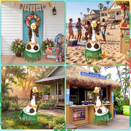 Abbylike Summer Bikini Porch Goose Outfit Hawaiian Crochet Goose Clothes with Wigs Necklace Bikini and Grass Skirt Fit for 23" Statue for Summer Hula Party Yard Lawn Outdoor Decor