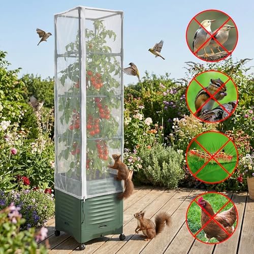 4 Pcs Garden Bird Netting Plant Cover for Square Tomato Cage, 59" x 17.7" Insect Bird Barrier Tomato Cage Net with Zipper & Drawstring, Tomato Trellis Netting Protection Cover for Protecting Plants