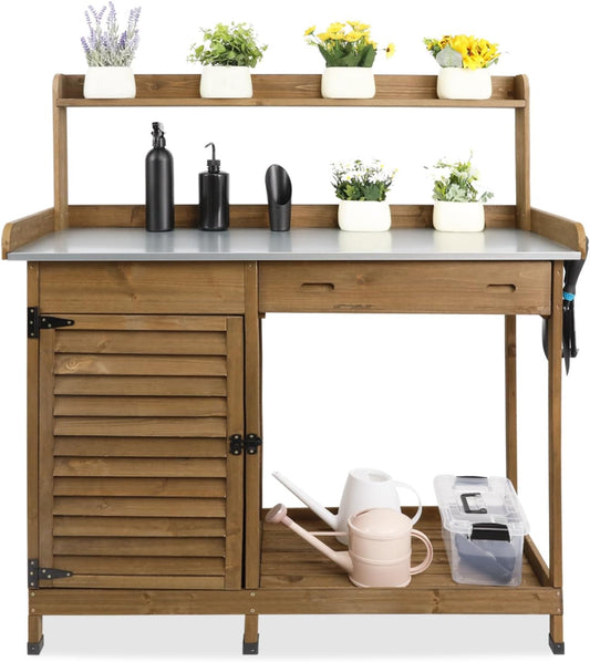 Outdoor Garden Potting Bench Table, 41" L Wooden Potting Table Work Bench for Horticulture, Waterproof Workstation Table with Metal Tabletop/Cabinet/Drawer/Open Shelf (Brown)