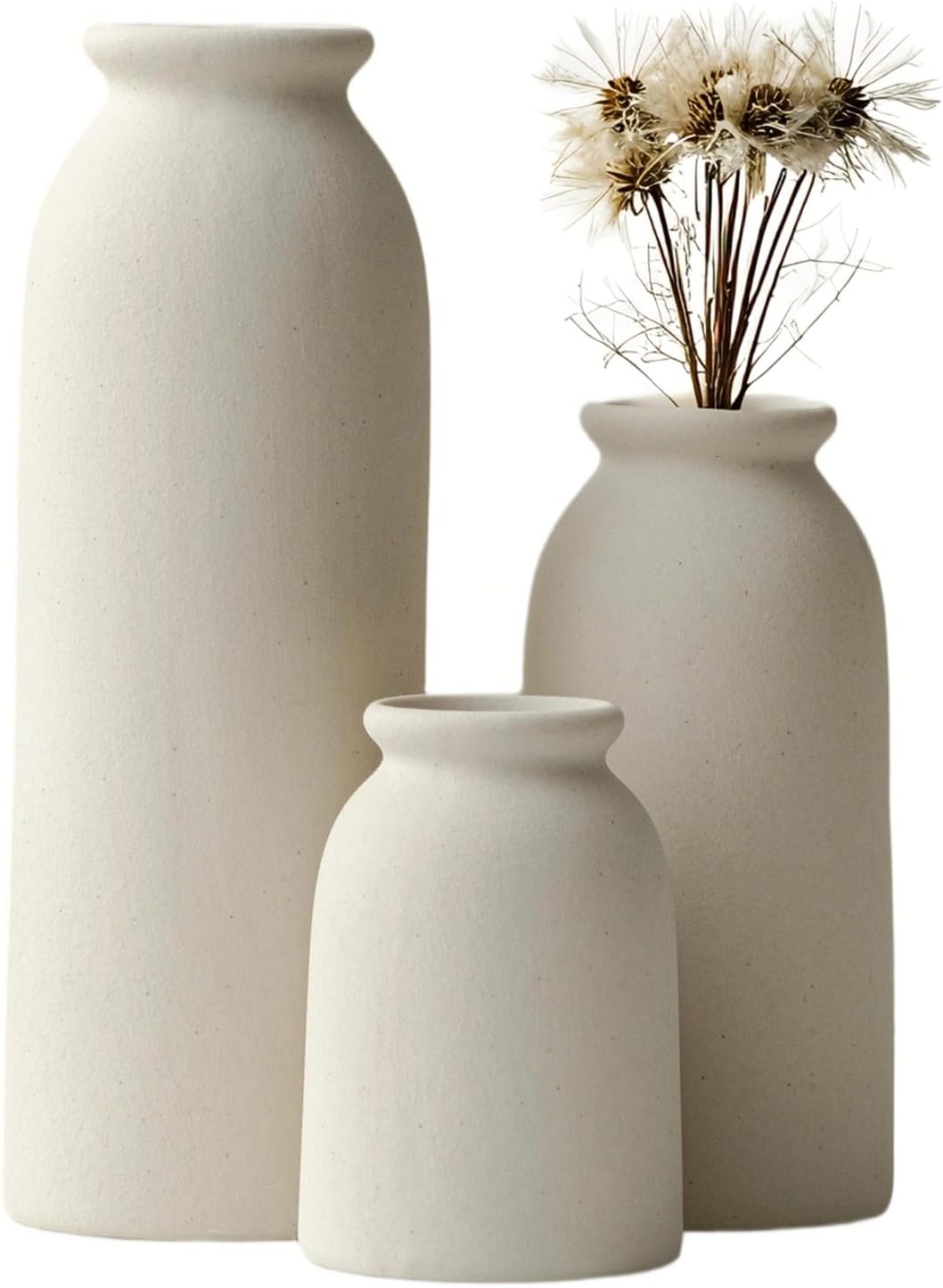 Ceramic Vase Set-3, Small Flower Vases for Decor, Modern Boho Farmhouse Style, Decorative Vases for Pampas Grass & Dried Flowers, Distressed Finish (Beige)
