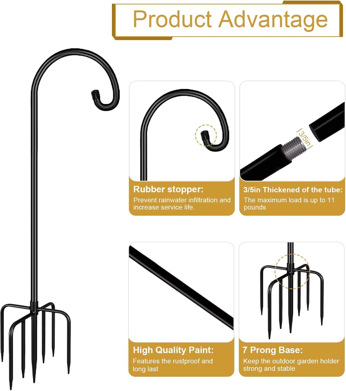 Shepherd Hook 75 Inch Tall Heavy-Duty Metal Garden Hanging Pole Stake for Bird Feeder Pole Plant Baskets, Black (1 Pack)