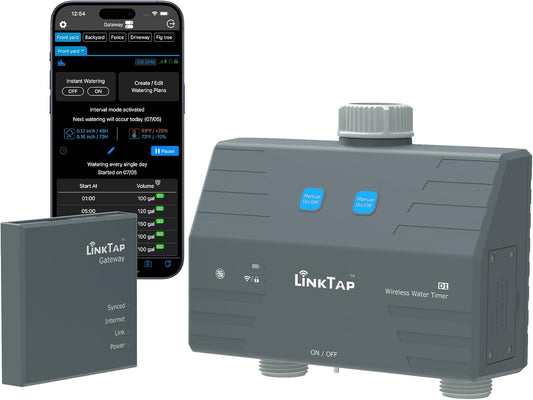 LinkTap D1 Smart Hose Timer & Gateway, 2 Zone Irrigation by Duration/Weather/Volume, Intelligent Fault Detection & Alerts, Wider Range Than WiFi Water Timer, Scalable Mesh Network via Extender