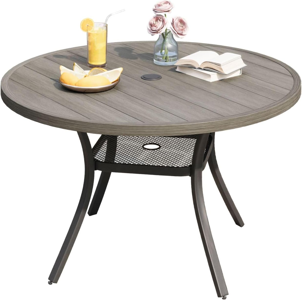 DIFY 48" Round Patio Dining Table for 6, Outdoor Metal Dining Table with 1.57" Umbrella Hole for Backyard Lawn Garden, Grey Wood-Like