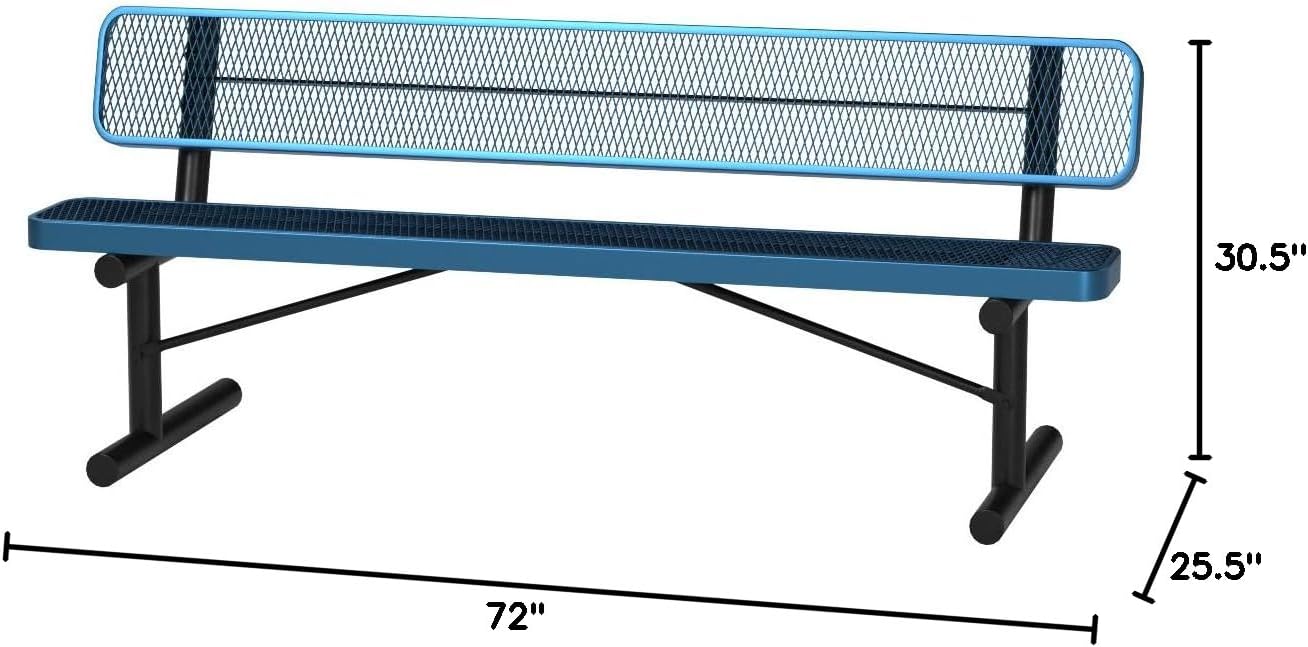 Heavy-Duty Portable Outdoor Bench Thermoplastic Coated, Expanded Metal, Commercial-Grade Seating, Made in America (Portable with Back, 6 Ft, Light Blue)
