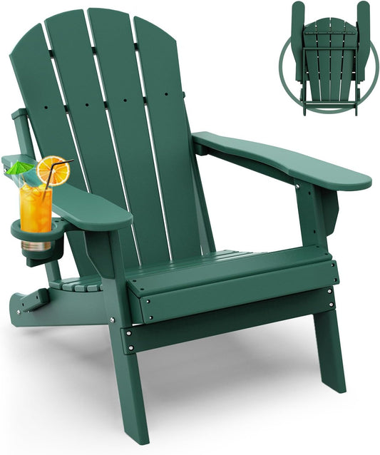 GREENVINES Folding-Adirondack-Chair | HDPE Plastic | Fire Pit Chairs | All Weather | Cup Holder | Forest | for Deck Backyard Patio Outdoor Garden