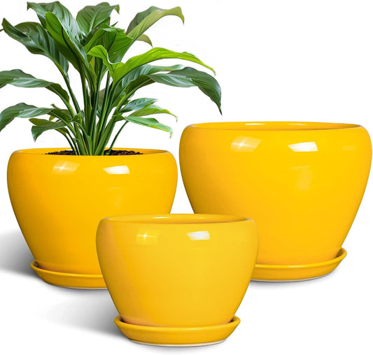 Ceramic Planters Set of 3 - Modern Round 10+8+6 Inch Plant Pots with Drainage Holes and Plant Trays for Indoor Outdoor Flowers, Decorative Garden Room Home Decor, Housewarming Gifts, Yellow