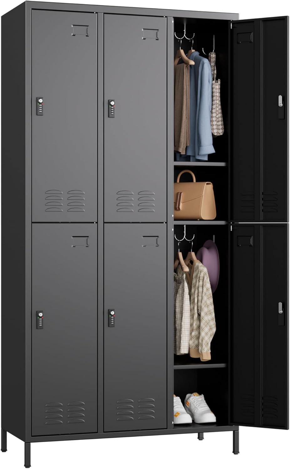 6 Doors Metal Lockers for Employees with Combination Locks and 6 Shelves, Storage Locker with 18 Hooks and Business Card Holder for Office Gym School Bedroom, Assembly Required, Black