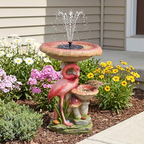 22"H Solar Bird Bath Fountain with Flamingo Resin Water Feature