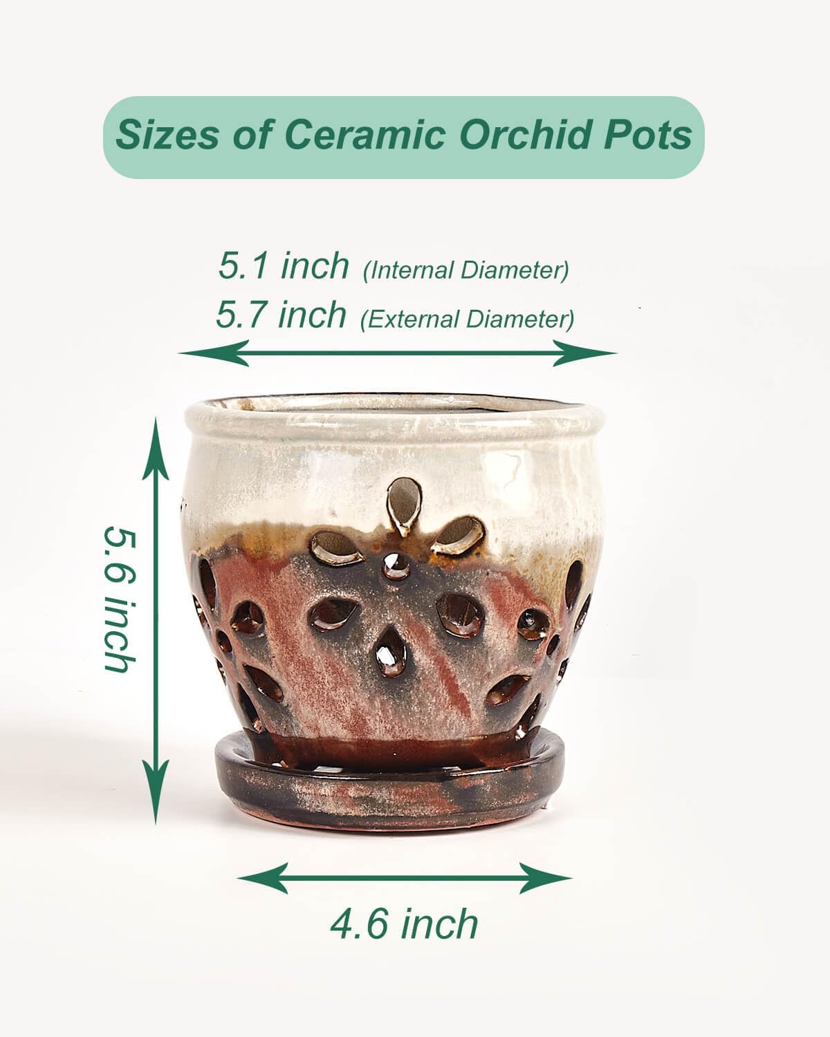 vensovo 5 Inch Ceramic Orchid Pots with Holes and Saucers - 1 Pcs Small Succulent Pot for Repotting, Garden Flowerpots for Plants Indoor and Outdoor Promotes Air Circulation, Brown Mixed