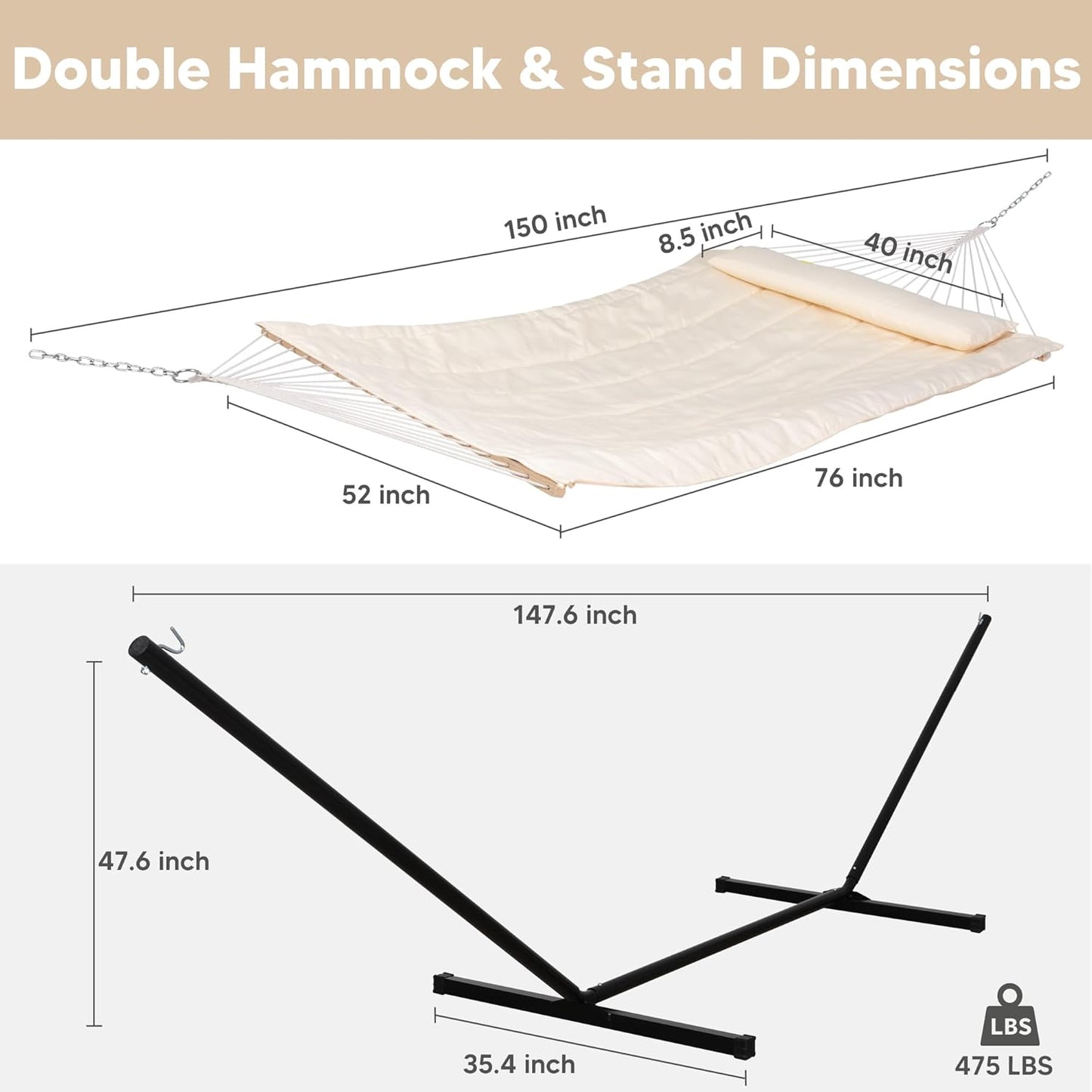 SUNCREAT Two Person Hammock with 12ft Stand Included, Max 475lbs Capacity, Heavy Duty Free Standing Hammock, Beige