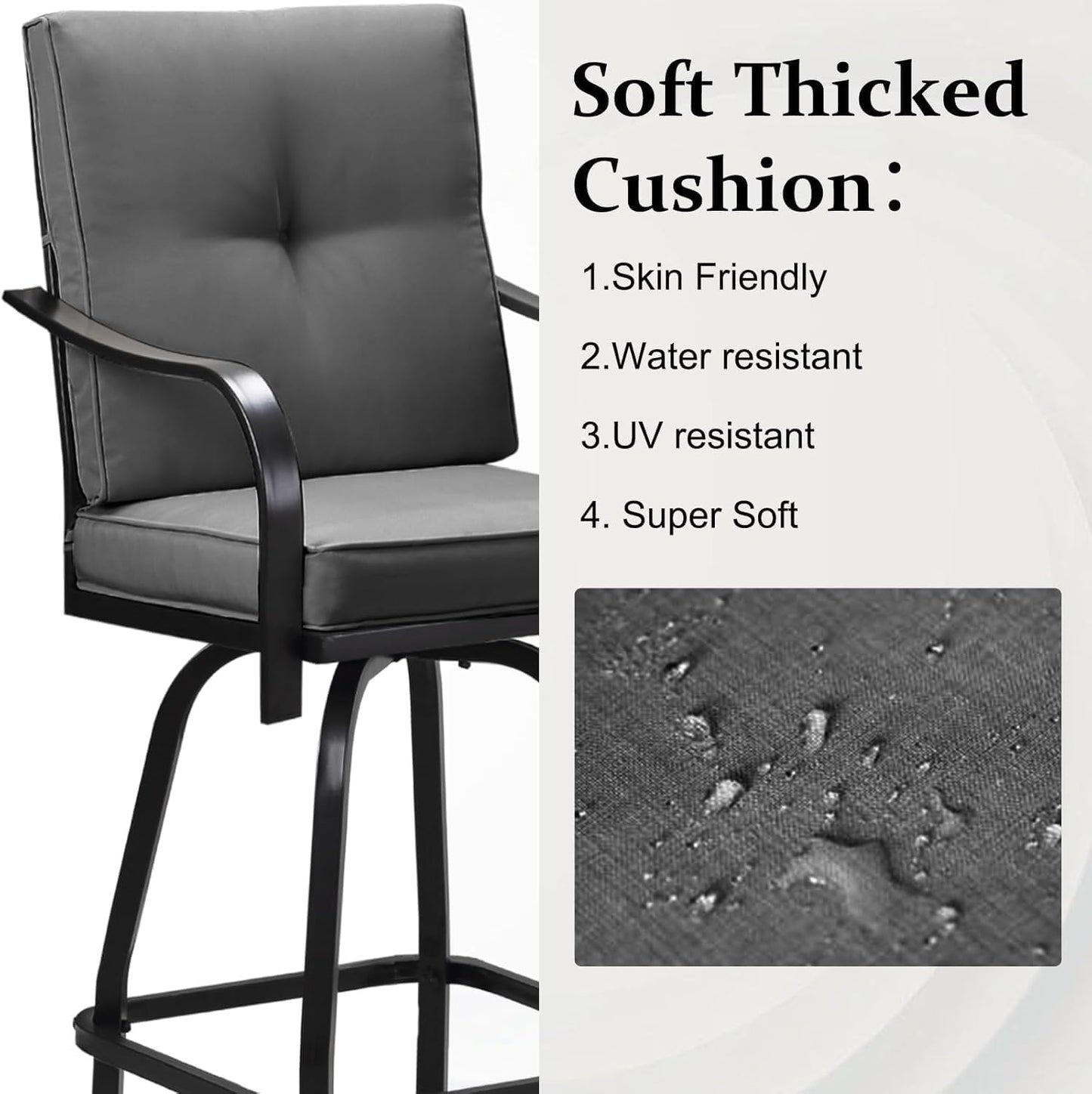Patio Swivel Bar Stools, Outdoor High Back Swivel Bar Chair Set of 4 with Cushion & All Weather Steel Frame for Backyard, Lawn, Poolside and Balcony, Dark Gray