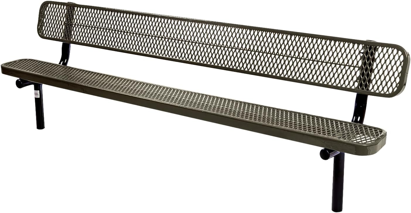 Heavy-Duty Outdoor Bench Thermoplastic Coated, Expanded Metal, Commercial-Grade Seating, Made in America (Inground with Back, 8 Ft, Textured Gold Vein)