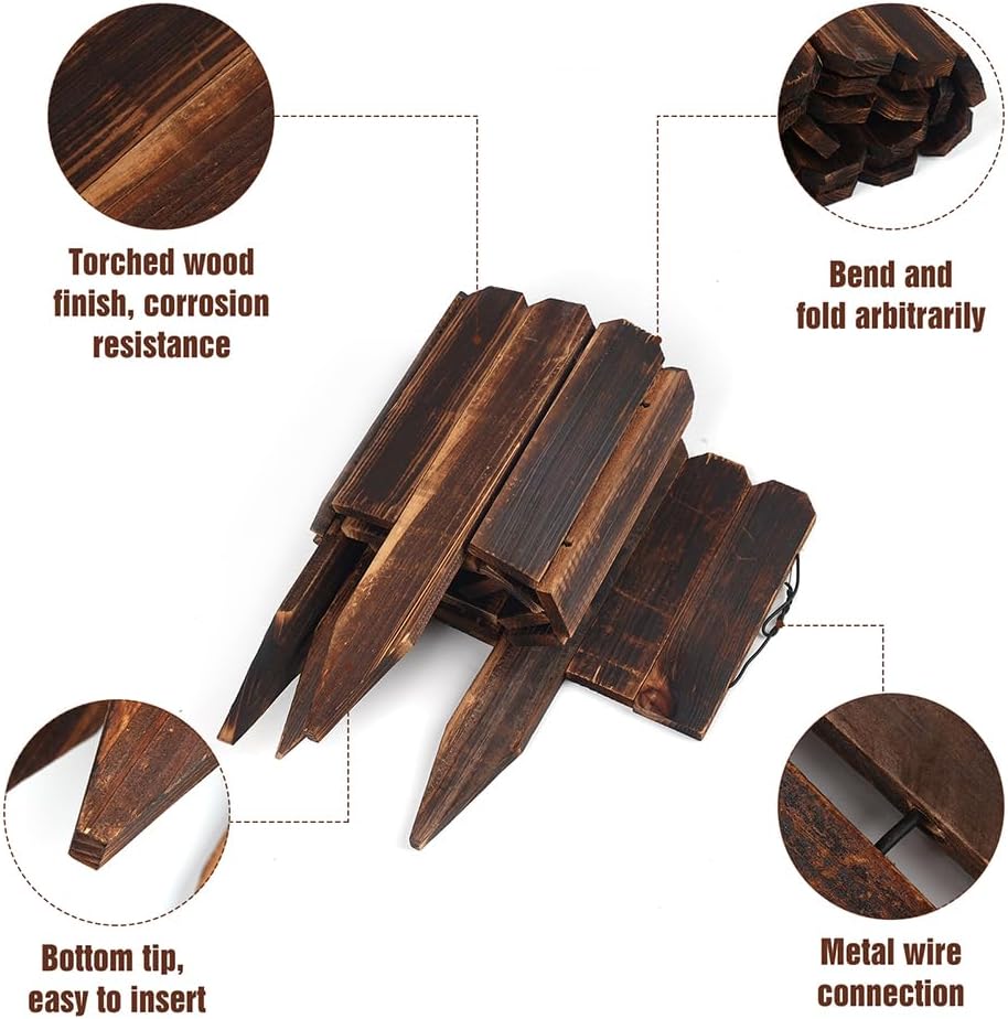 2 Pack Garden Wooden Fence Anti-Corrosive Outdoor Landscape Edging Flexible Decorative Border with a Pair of Gloves for Garden Yard Flower Tree Fence - 7.9'' H x 47'' L