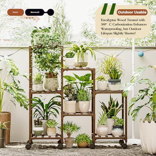 Bamworld Plant Stand with Wheels for Indoor Plants Wood Outdoor Tiered Shelf 3 Tire 7 Potted Ladder Plant Holder Table Pot Stand for Window Garden Balcony Patio Living Room (natureDL)