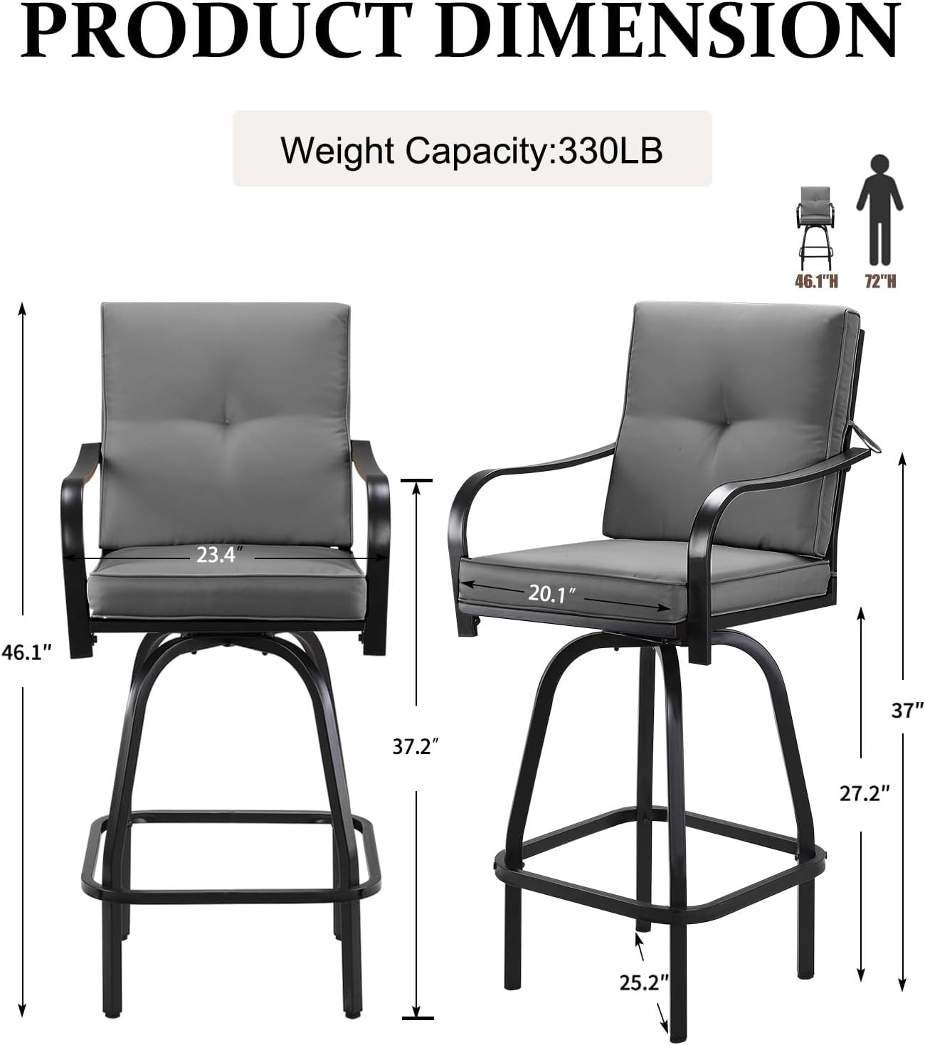 Patio Swivel Bar Stools, Outdoor High Back Swivel Bar Chair Set of 4 with Cushion & All Weather Steel Frame for Backyard, Lawn, Poolside and Balcony, Dark Gray