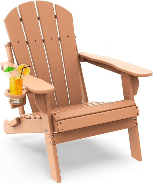 GREENVINES Folding-Adirondack-Chair | HDPE Plastic | Fire Pit Chairs | All Weather | Cup Holder | Teak | for Deck Backyard Patio Outdoor Garden