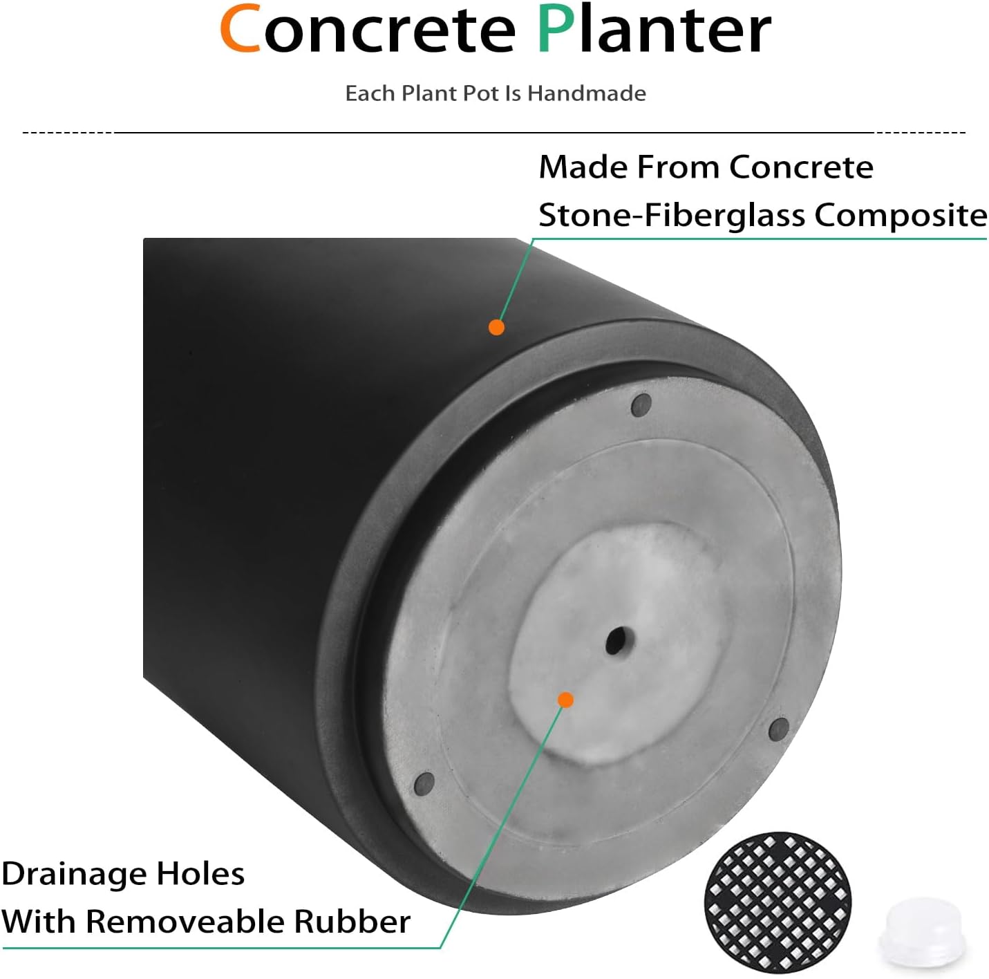 Round Concrete Planter Outdoor Indoor, Large Cement Plant Pots for Flowers (Black, 16 inch)