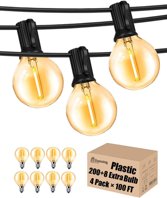 DAMAING Outdoor String Lights 400FT Patio Lights with 208 shatterproof G40 dimmable Globe LED Bulb, Waterproof connectable Outdoor Lighting for Backyard Porch Balcony gazobo, 4-Pack 100FT,Black