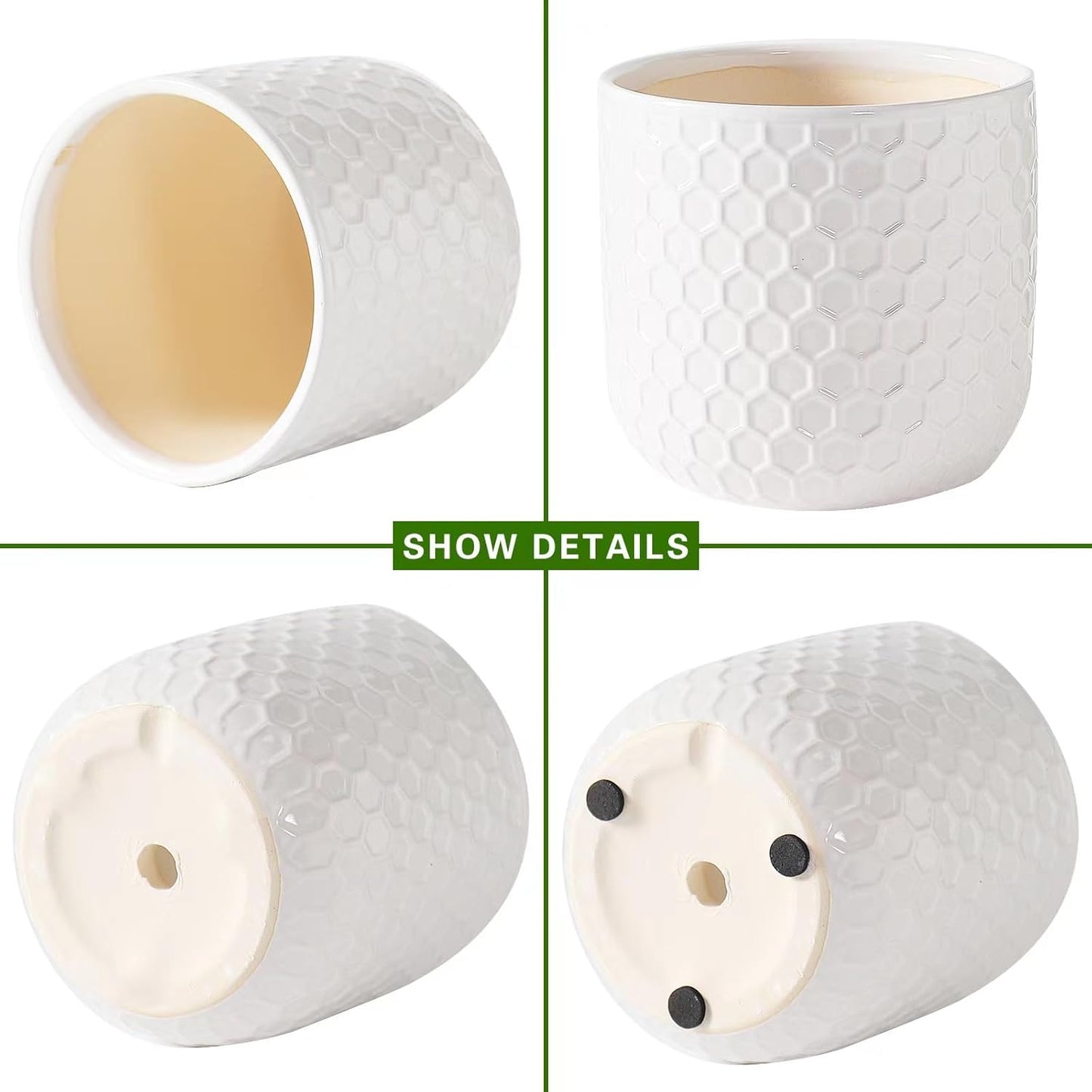 Docrin Plant Pots Indoor with Drainage: 6.4+5.3+4 Inch Ceramic Flower Pots for Plants - Set of 3 Modern Decorative Planters for House/Office/Gift - White Honeycomb