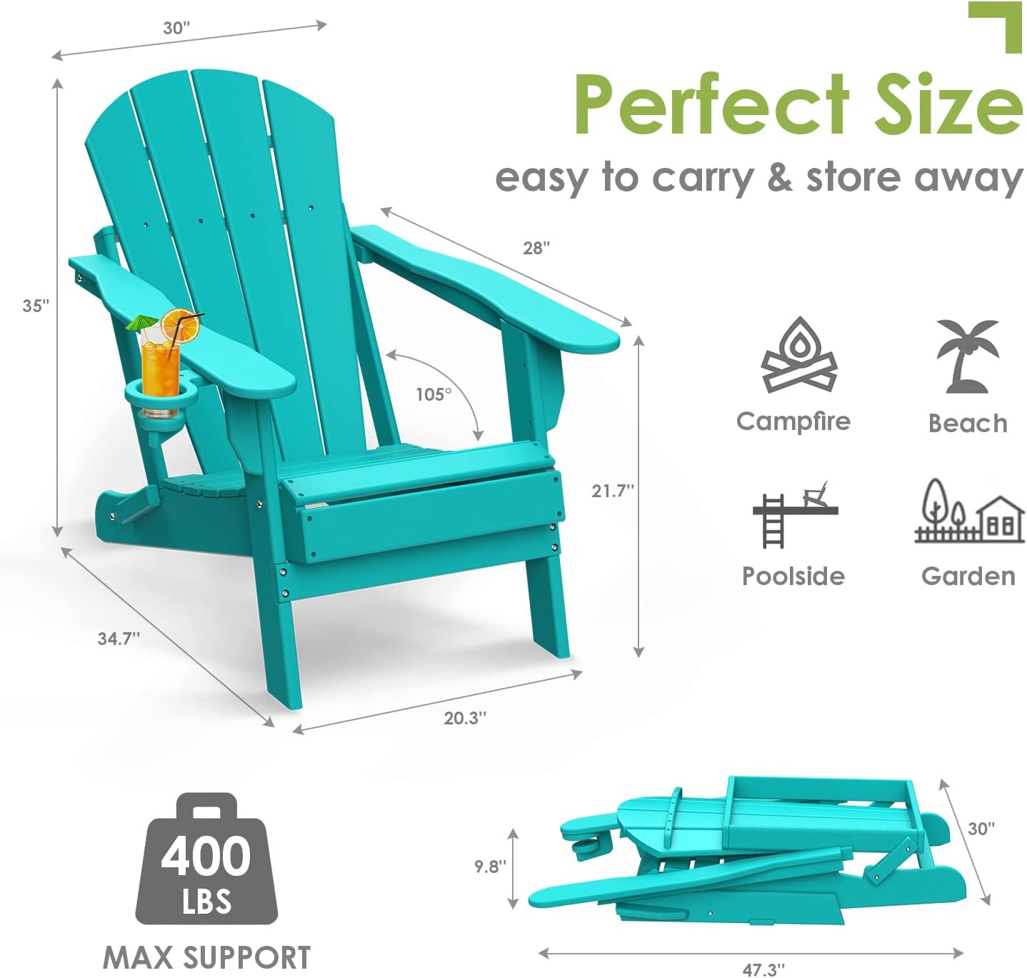 GREENVINES Folding-Adirondack-Chairs-Set-of-4 | HDPE All-Weather | Firepit Chair | Cup Holder | Aqua | for Campfire Deck Backyard Patio Outdoor Poolside Lawn