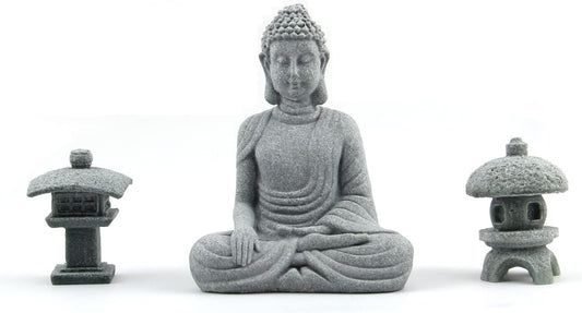 Buddha Statue and 2 Japanese Lantern Pagoda Statues - Zen Garden Accessories for Home and Mini Meditation Decor
