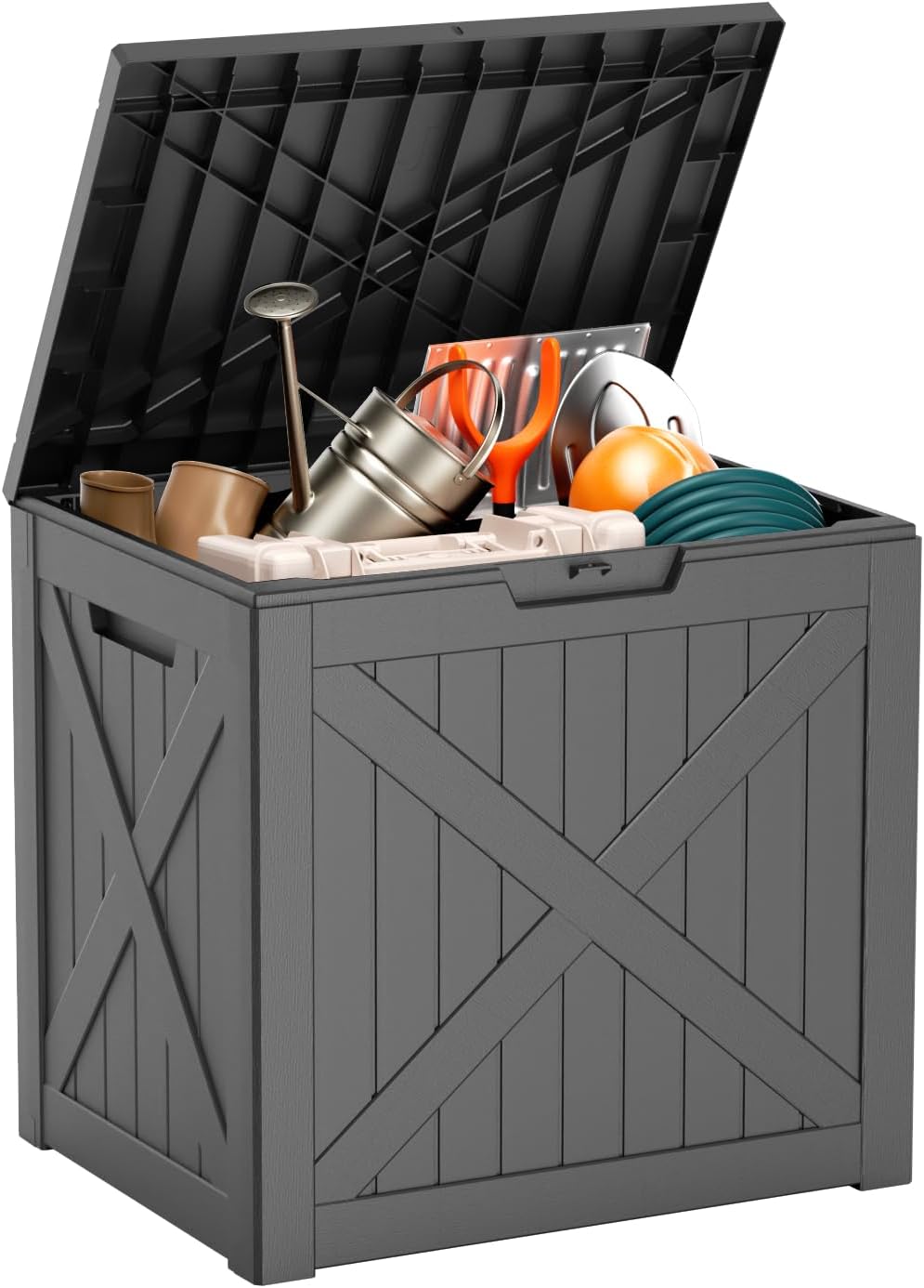 32 Gallon Resin Deck Box, Lockable Outdoor Storage Box for Patio Cushions Storage Furniture,Garden Tools, Pool Supplies, Weatherproof and UV Resistant（Black X）