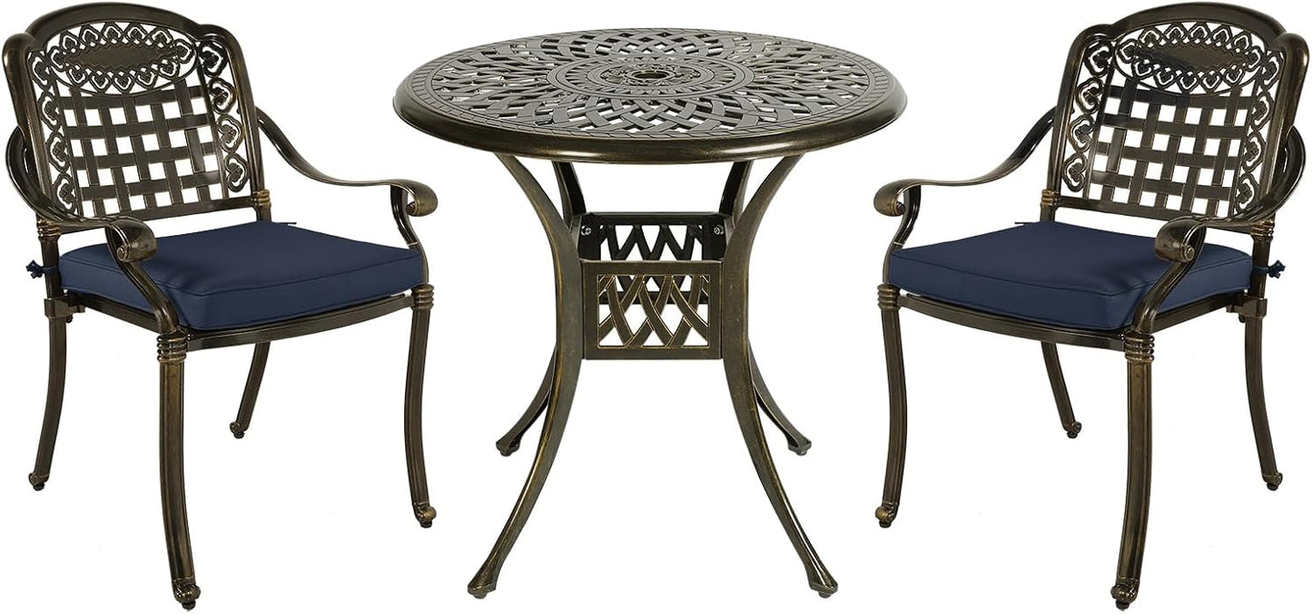 MEETWARM 3 Piece Patio Bistro Set, Outdoor All-Weather Cast Aluminum Dining Furniture Set Includes 2 Chairs with Cushions and a 31” Round Table with Umbrella Hole for Garden Deck, Navy Blue