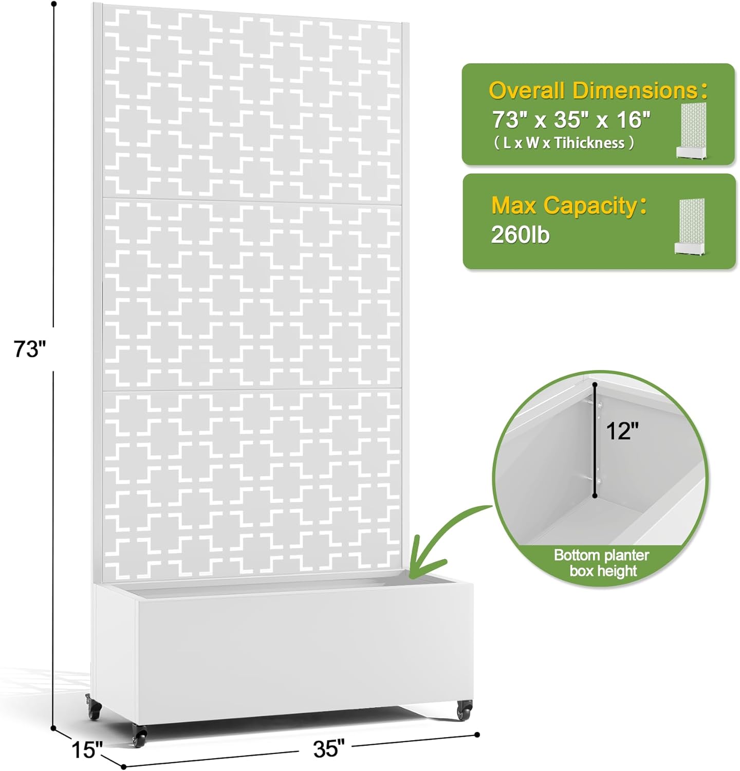 FENCY Metal Raised Garden Bed with Wheels and Trellis,73"x35"x16" Planter Box for Climbing Plants, Vegetables & Vines, Features Privacy Screen and Drainage Holes (White-Square)
