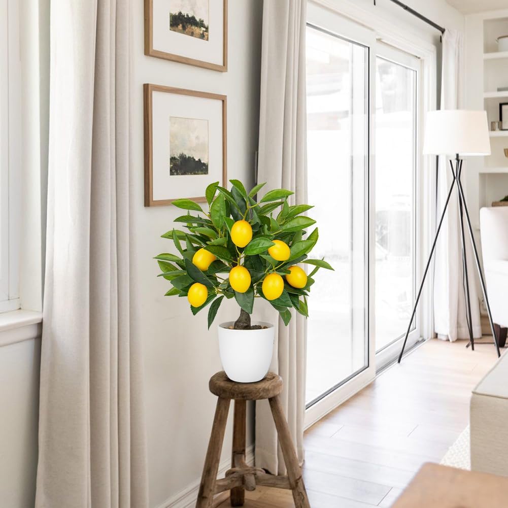Artificial Potted Plants 15.7 inches Fake Lemon Tree Artificial Lemons Citrus Tree with White Pot Faux Plants Indoor for Home,Office, Living Room Table, Desk