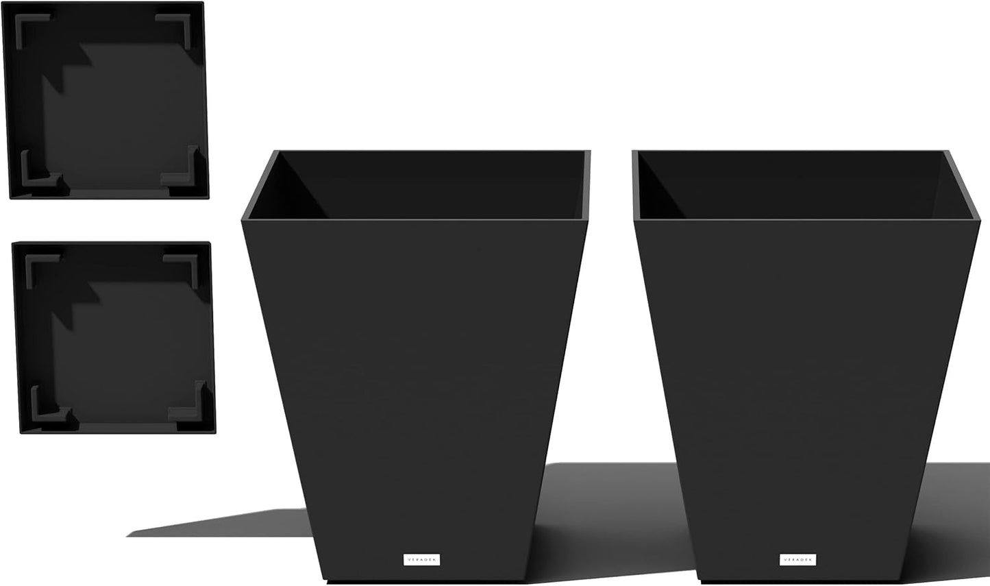 Veradek Nobleton Indoor/Outdoor Wide Square Planter (Black, 22" - 2 Pack with 2 Saucer Trays)
